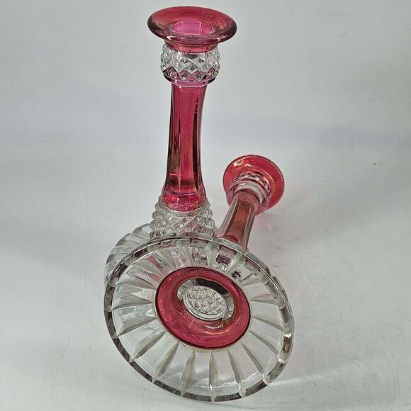 Vintage Tiffin Glass Cranberry Baronial Candlestick candle Holder Set of 2 - Picture 3 of 3